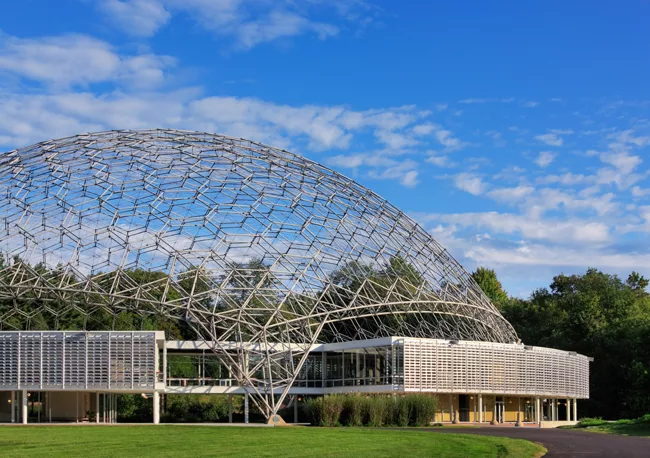 An R. Buckminster Fuller geodesic dome rises over a renovated and restored John Terence Kelly 1959 office building, home to ASM International, a member-led society for the materials science and engine
