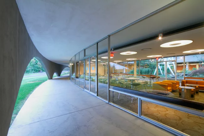 An R. Buckminster Fuller geodesic dome rises over a renovated and restored John Terence Kelly 1959 office building, home to ASM International, a member-led society for the materials science and engine