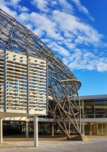An R. Buckminster Fuller geodesic dome rises over a renovated and restored John Terence Kelly 1959 office building, home to ASM International, a member-led society for the materials science and engine