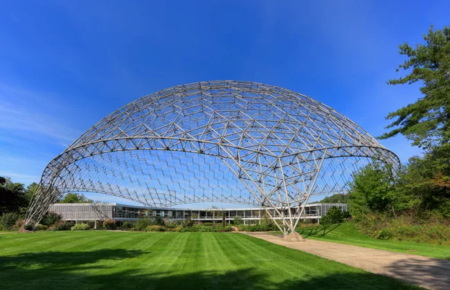 An R. Buckminster Fuller geodesic dome rises over a renovated and restored John Terence Kelly 1959 office building, home to ASM International, a member-led society for the materials science and engine