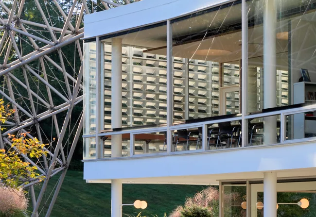 An R. Buckminster Fuller geodesic dome rises over a renovated and restored John Terence Kelly 1959 office building, home to ASM International, a member-led society for the materials science and engine