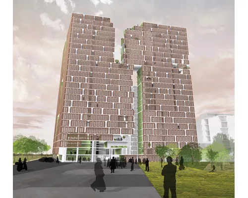 Concept for Hyderabad Telapur in India uses permeable masonry walls as screens.