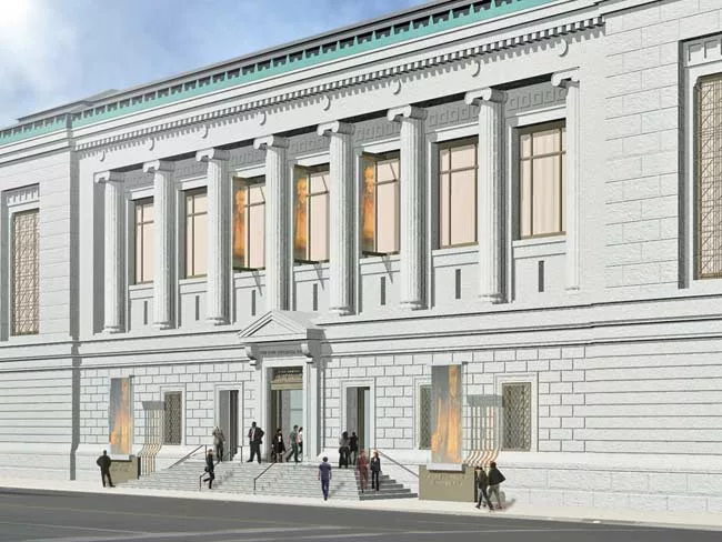 The Historical Society's Central Park West entrance will feature a grander staircase. The architects also removed two windows flanking the main entrance and replaced them with doors.