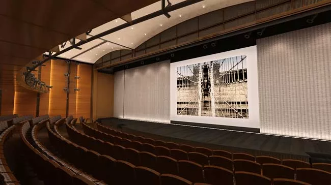 The renovated wood and bronze Robert H. Smith Auditorium seats approximately 425 and features state of the art acoustical and lighting systems.