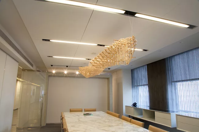 For his recent show at Gensler, Adrift/Afloat, Stephen Talasnik designed four site-specific sculptures, including two skeletal, serpentine forms that hover over separate conference tables. 