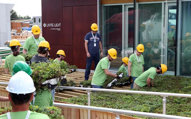 Students from the University of Tennessee work on the landscaping outside their house, <em>Living Light</em>.  