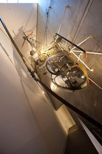 An Alouette helicopter hung from Libeskind's addition.