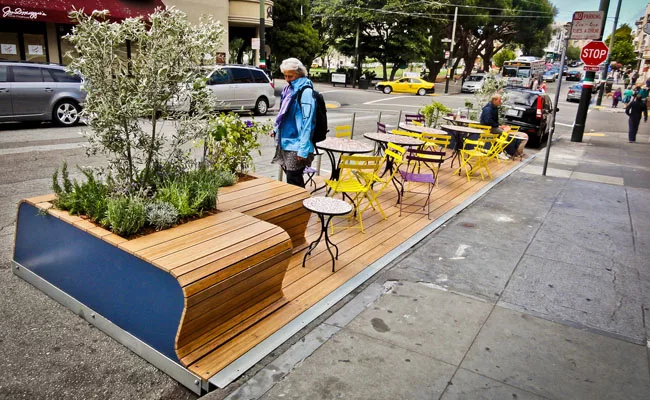 Rebar, a San Francisco firm, designed a parklet outside of Tony's Pizza Napoletana in the North Beach neighborhood.