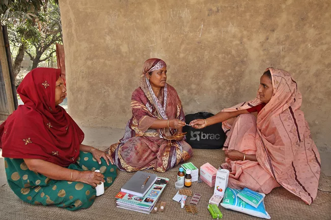 Designer/implementer: BRAC; Materials: Medicine, sanitary napkins, delivery kit, soap, salt, registrar to maintain records, pictorial dosage instructions