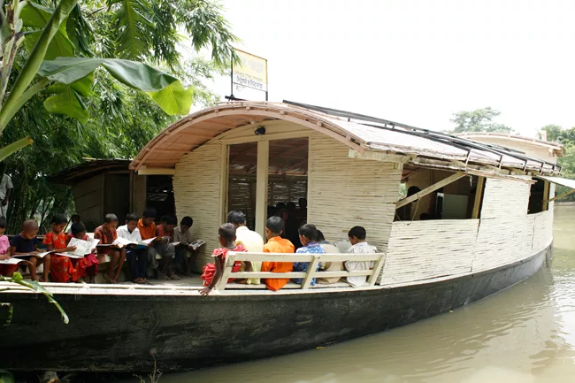 Architect: Mohammed Rezwan; Implemented by Shidhulai Swanirvar Sangstha; Materials: Sal wood and other woods, plywood, bamboo, angle iron, iron sheet, flat bar