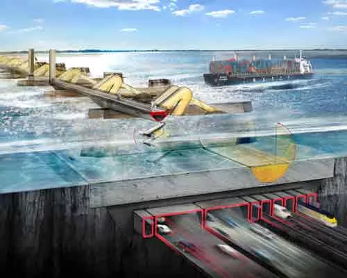 Under the plan, tidal generators would provide all the airport's electricity. The barrier would also carry road vehicles and a high-speed railroad.