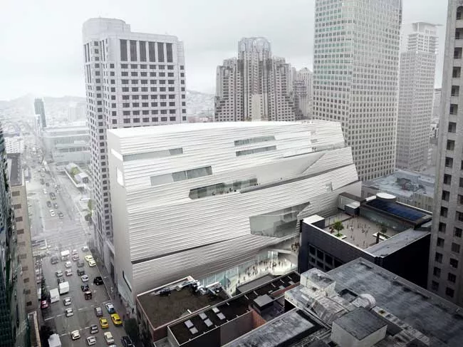 A rendering of Sn'hetta's new building shows its rippling fa'ade and outdoor terraces.