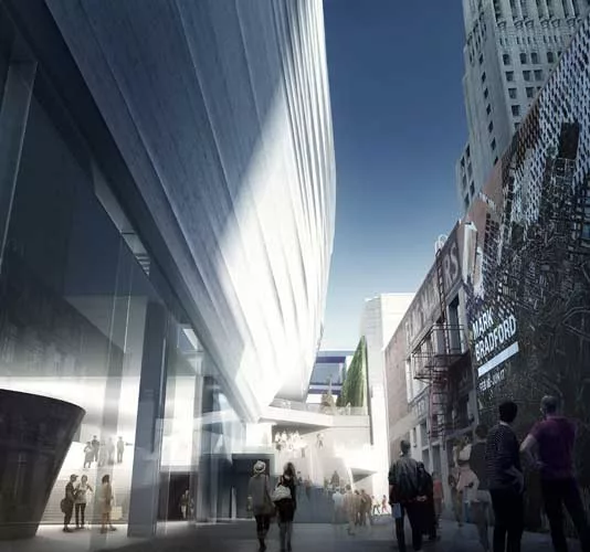 An 18-foot wide promenade runs along the new building from Howard Street to the interior of the city block.