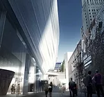 An 18-foot wide promenade runs along the new building from Howard Street to the interior of the city block.