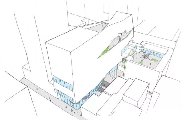 A drawing shows the northeast fa'ade of Sn'hetta's new building with the pedestrian promenade leading from Howard Street to the interior of the block.