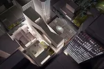 A rendering shows Sn'hetta's new building and promenade tucked between the 1995 Botta building (right) and the parking lot capped by Mark Jensen's 2009 roof garden (left).