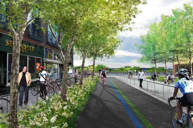 View south toward the Promentory Park, from the northern Keating Channel Precinct.