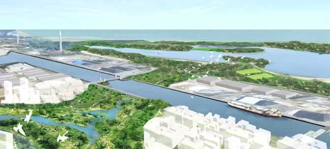 Aerial view of Don Greenway. Martin Goodman Trail crosses the Keating Channel.