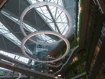 The atrium of Unilever Headquarters features large cirular LED rings. The building has received multiple awards, including Wold's Best Office Building at the 2009 World Architecture Awards.