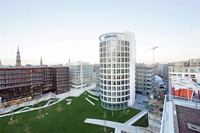 Residential and office buildings are clustered around the Sandtorpark, HafenCity's first public park.
