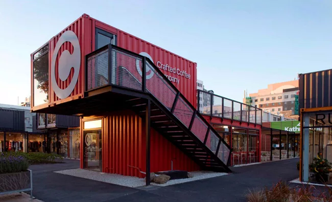 Re:START is constructed of colorful, stacked shipping containers.