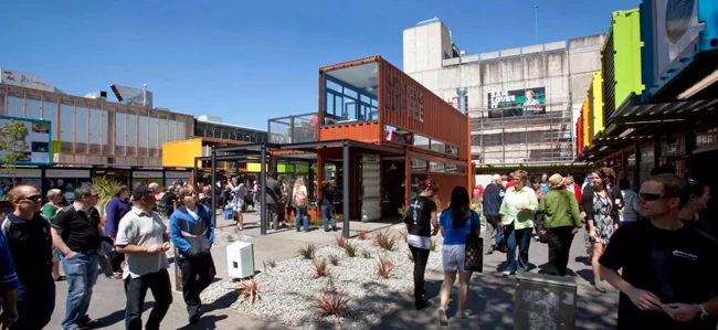 Re:START is constructed of colorful, stacked shipping containers.