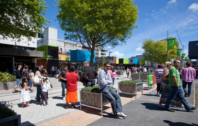 Re:START is constructed of colorful, stacked shipping containers.