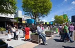 Re:START is constructed of colorful, stacked shipping containers.