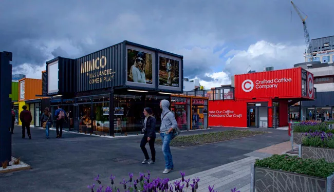 Re:START is constructed of colorful, stacked shipping containers.