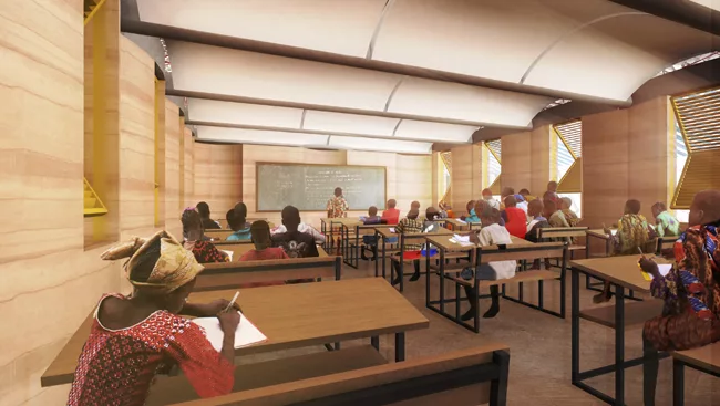 This school project in one of the world’s poorest countries aims to provide further education to the inhabitants of a rural area. The natural ventilation is enhanced by routing air through under