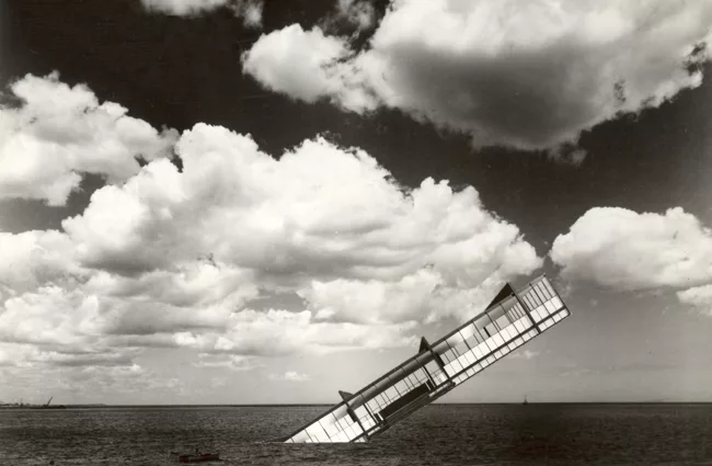 <em>The Titanic</em> (1978), photomontage on paper, depicting Mies&rsquo;s Crown Hall sinking into (or perhaps rising up from) Lake Michigan.