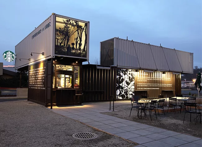 <strong>Example:</strong> Reclamation Drive-Through and Walk-Up Caf', Tukwila, Washington<br> <strong>Architect:</strong>	Starbucks Global Store Development<br> <strong>Client: </strong>	Starbucks Cof