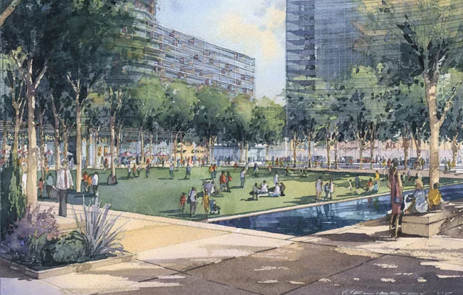 The district will feature a new green plaza—the namesake square—designed by Reed Hilderbrand, the Boston landscape architecture firm.<!-- Photo Credit -->