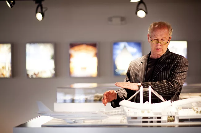Curtis Fentress with a model of his 2001 design for the Incheon International Airport in Seoul.