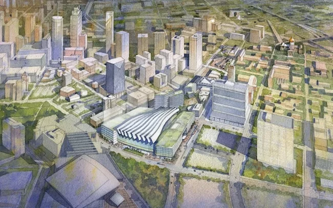 This design concept by FXFOWLE and Cooper Carry for Atlanta's new intermodal center provides for a single building encompassing one block with three bus levels.