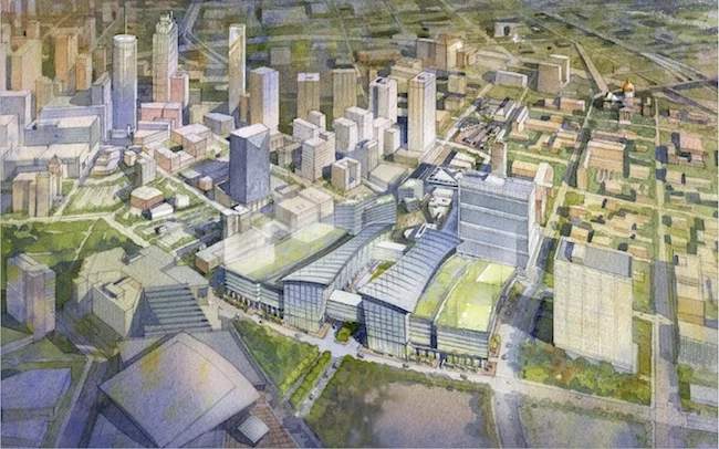 This design concept rendering by FXFOWLE and Cooper Carry shows a single building encompassing two blocks with two bus levels.