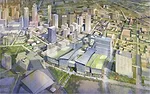 This design concept rendering by FXFOWLE and Cooper Carry shows a single building encompassing two blocks with two bus levels.