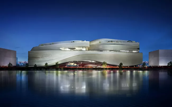 Zaha Hadid's proposed aerodynamic, scrolling form.