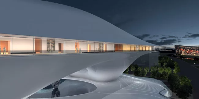 A view from the MAD-proposed NAMOC toward Herzog & de Meuron and Ai Weiwei's Bird's Nest stadium.
