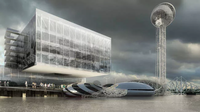 Odile Decq's Pavilion 8 office building will house a 'floating' restaurant and offices in Lyon's former wharf district.<br />