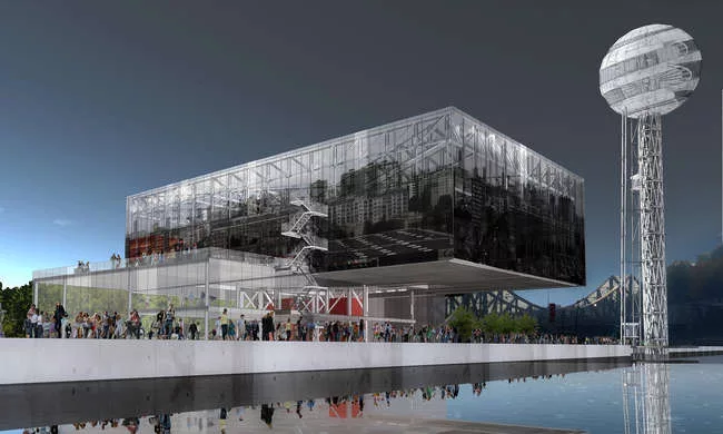 Odile Decq's Pavilion 8 office building will house a 'floating' restaurant and offices in Lyon's former wharf district.