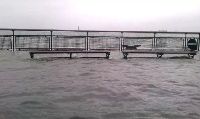The Hudson River breached the Battery Park Esplanade on Monday, October 29.