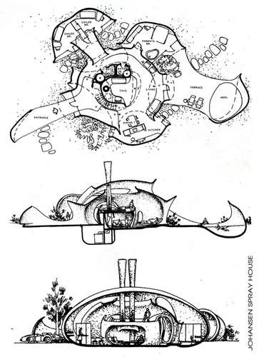 Johansen's 1955 design for a sprayed concrete house.<br />