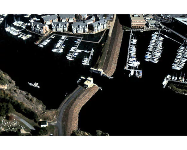 The Stamford Hurricane Barrier protects Stamford, Connecticut. It consists of 13,000 feet of earth and armor-stone embankments and concrete walls rising 17 feet above mean sea level, and a 35-foot-tal