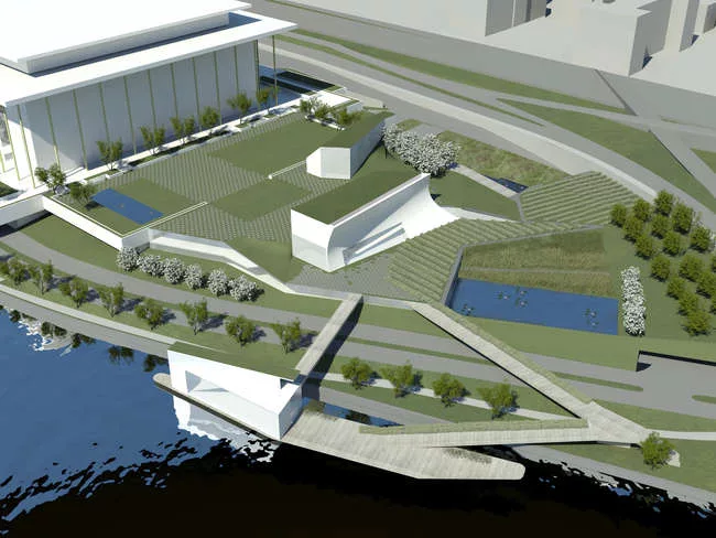 One of the pavilions will have a flat wall for video projections.<br />