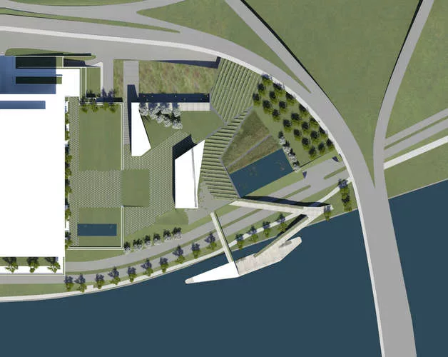 Steven Holl Architects' proposed addition to the John F. Kennedy Center for the Performing Arts includes three pavilions in a newly created park.