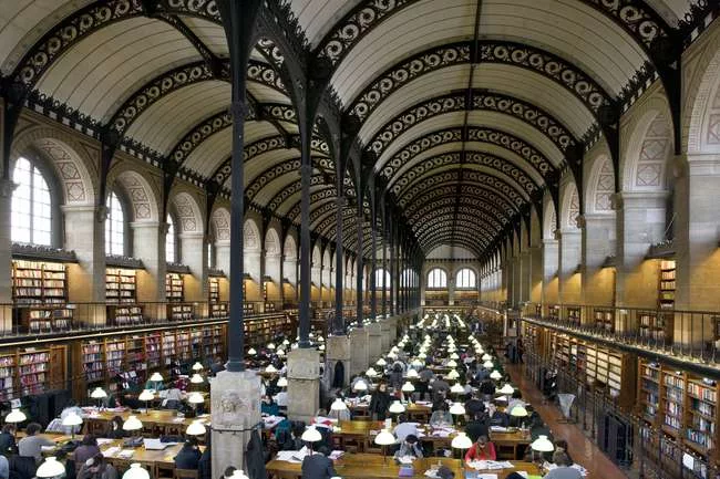 Bibliothèque Sainte‐Geneviève, Paris, 1838‐1850. View of the reading room.