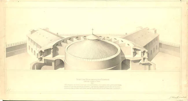 Henri Labrouste, Projet de concours pour la construction d’une prison centrale à Alessandria (Piémont), coupe perspective, 1839, 35,7 x 68,1 cm, Paris, AA, 285.2<span style='font-style