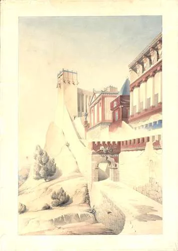 Henri Labrouste (French, 1801-1875). Imaginary reconstruction of an ancient city. Perspective view. Date unknown. Graphite, pen, ink and watercolor on paper.<br />