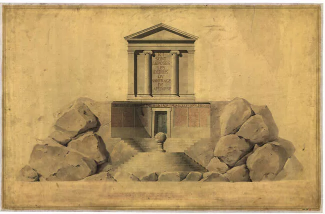 Henri Labrouste (French, 1801-1875). Project for a cenotaph in memory of La Pérouse. Main elevation. 1829. Pen, ink and wash on paper mounted on canvas. <span style='color: #242424; font-family: 